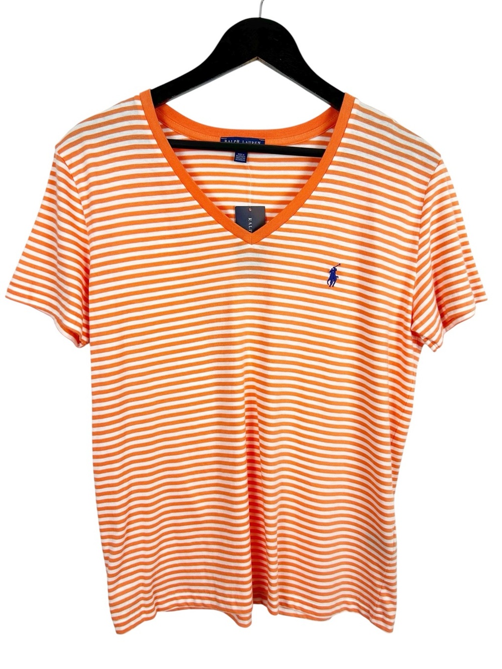 Ralph Lauren Striped V-Neck T-Shirt Size X-Large Orange and White 100% Cotton